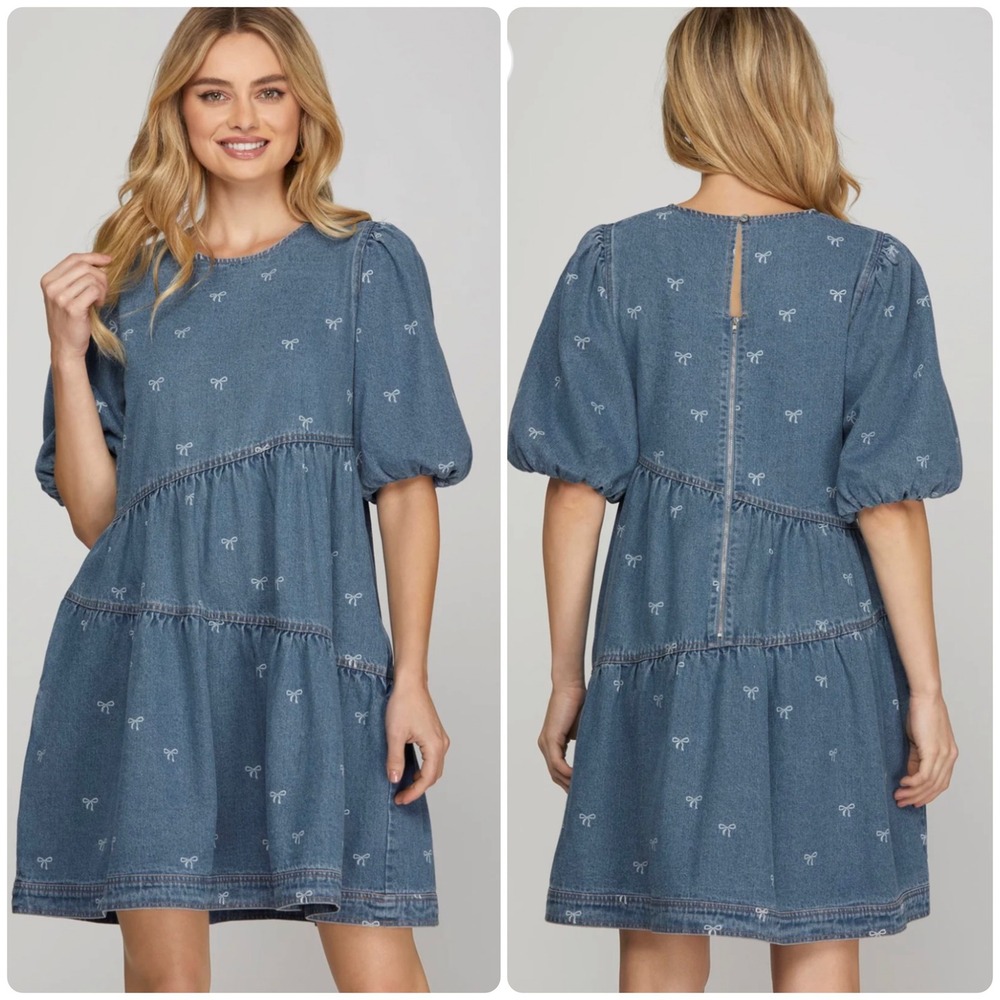 She + Sky Womens Bow Print Tiered Puff Sleeve Babydoll Denim Mini‎ Dress Size M